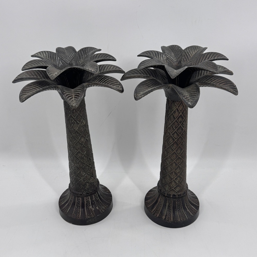 Vintage Metal Palm Tree Candle Holders Pair 15" Coastal Hollywood Regency